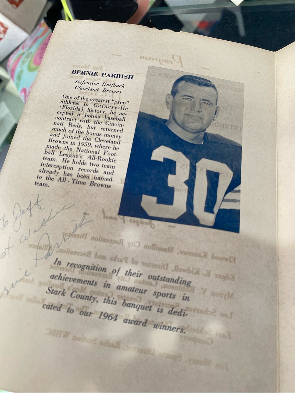 Vintage autographed Bernie Parrish sports award program Feb 1965 canton Ohio